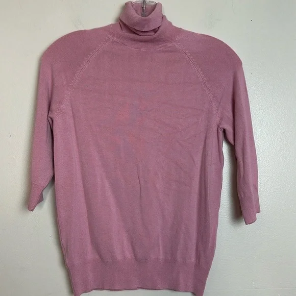 Zara High Collar Turtleneck Fine Ribbed Knit 3/4 Sleeve Sweater in Pink - Picture 9 of 14